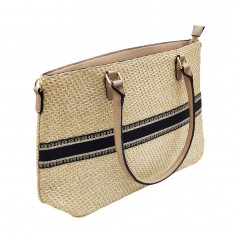 Τσάντα Ώμου Ψάθινη με Τεχνόδερμα Μπεζ 2