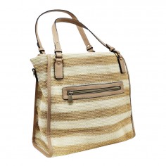 Τσάντα Ώμου Ψάθινη με Ρίγες Μπεζ 2