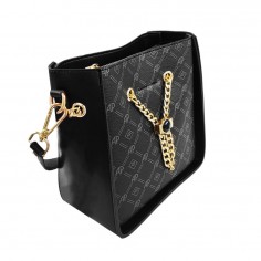 Τσάντα Χειρός από Συνθετικό Δέρμα με Γράμματα & Χρυσή Αλυσίδα Μαύρη Angel Polo 5065 2