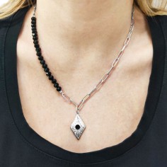 Κολιέ Ρόμβος με Μαύρο Κρύσταλλο Ασημί 2