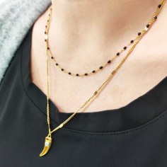 Κολιέ Διπλή Αλυσίδα Σχέδιο Κέρατο με Ματάκι & Μαύρα Πετράδια 2