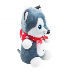 Λούτρινο Σκυλάκι Γκρι με Φουλάρι Κόκκινο 24cm 2