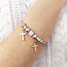 Βραχιόλι Χειροπέδα Σχέδιο Σχοινί με Σταυρούς Ασημί-Χρυσαφί 2