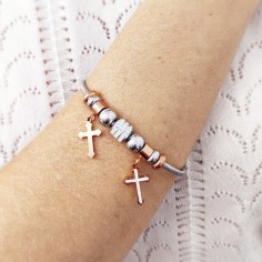 Βραχιόλι Χειροπέδα Σχέδιο Σχοινί με Σταυρούς Ασημί-Ροζ Χρυσό 2