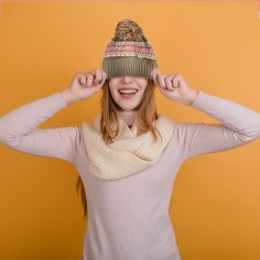 Σκούφος Πλεκτός Pom Pom με Επένδυση Fleece Μπεζ 2